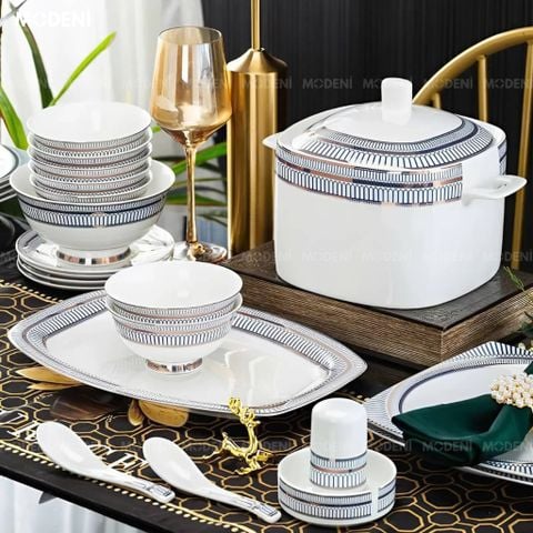 Bộ chén đĩa sứ xương Catania cao cấp họa tiết bạch kim sang trọng dành cho bàn ăn hiện đại