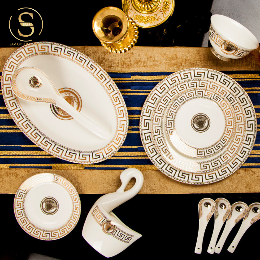 Bộ Tô Chén Đĩa V Luxury Sứ Xương Cao Cấp Viền Vàng Quà Tặng Tân Gia Sang Trọng