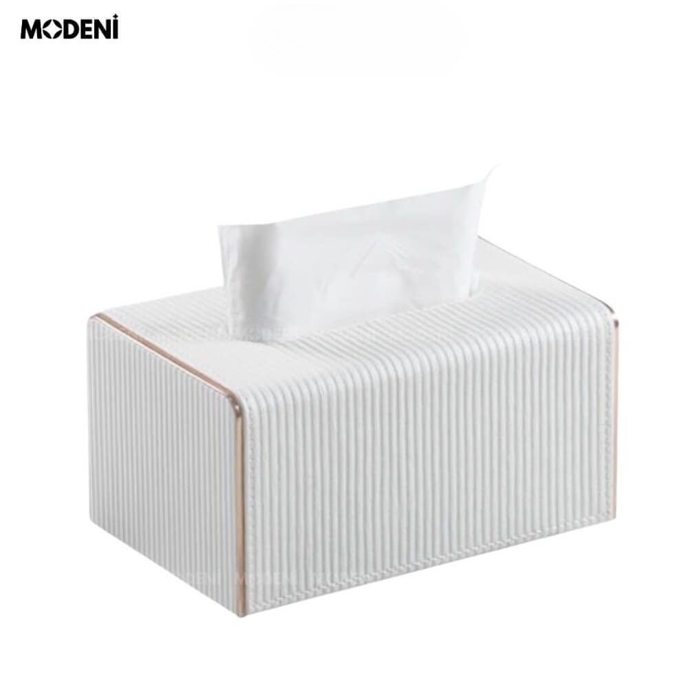 Hộp Khăn Sofie Nordic White – Nhựa Vân Sọc, Nắp Trượt Viền Mạ Vàng Ánh Kim