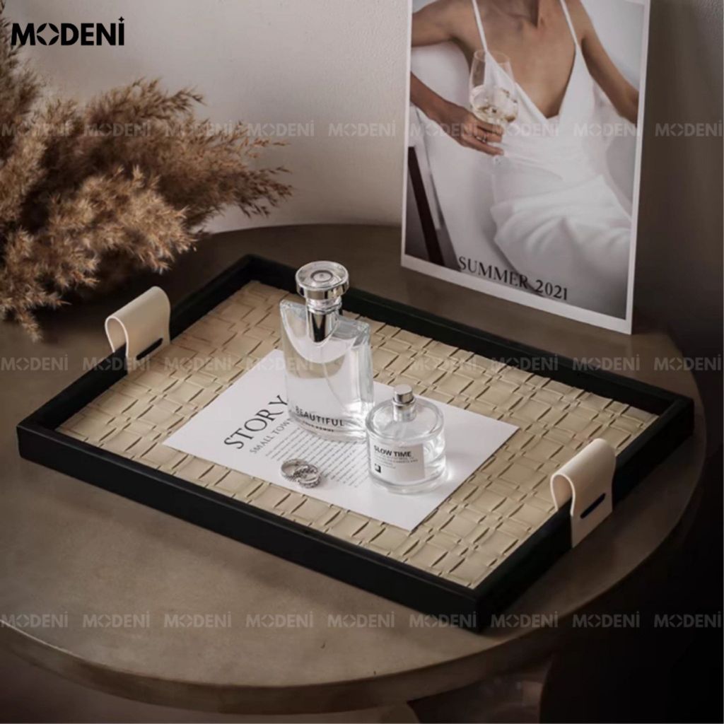 Khay Chữ Nhật Keva Kem Viền Đen Cao Cấp – Tay Cầm Kem Lạ Mắt - Khay Decor Bàn Sofa Sang Trọng