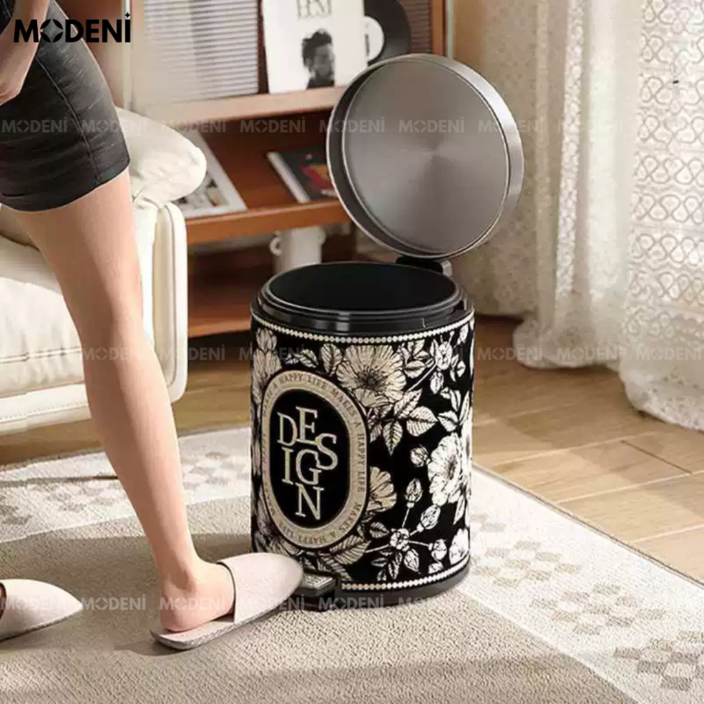 Thùng Rác Có Nắp Denis Họa Tiết Hoa – Thùng Rác Da Cao Cấp Decor Sang Trọng – Dung Tích 14L, Phù Hợp Phòng Khách, Văn Phòng