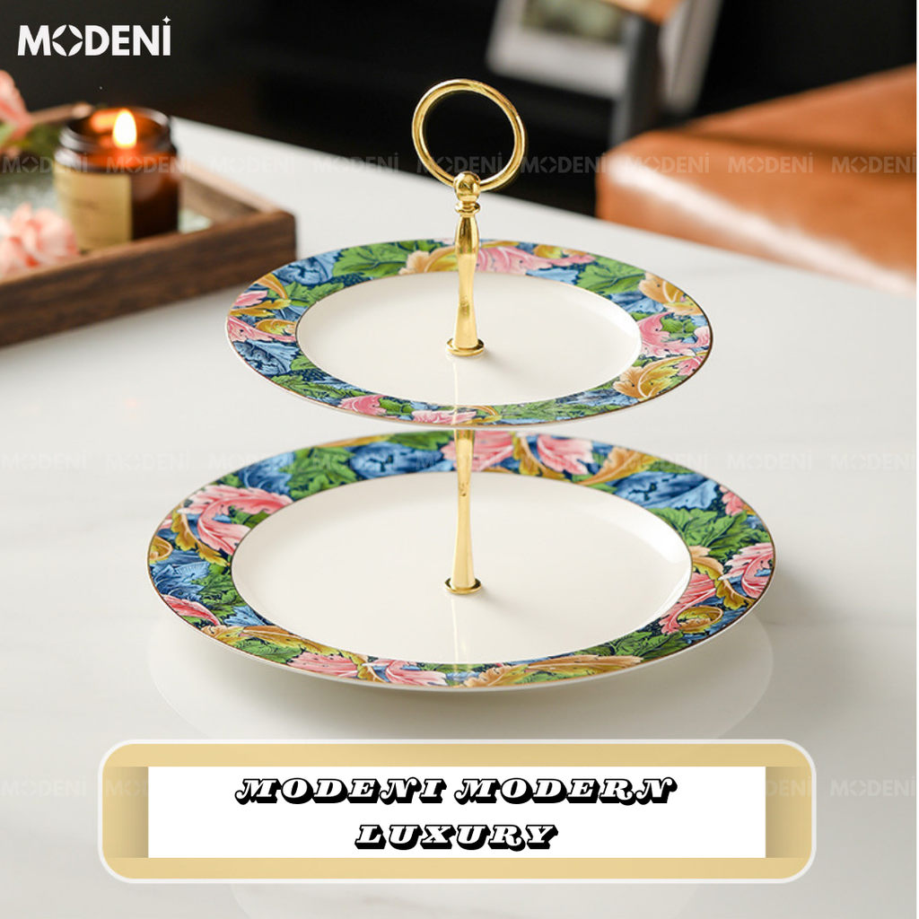 Khay 2 Tầng Forestine – Khay Đựng Bánh Trái Cao Cấp, Hoạ Tiết Sứ Nghệ Thuật, Trang Trí Tiệc Trà & Bàn Ăn Sang Trọng