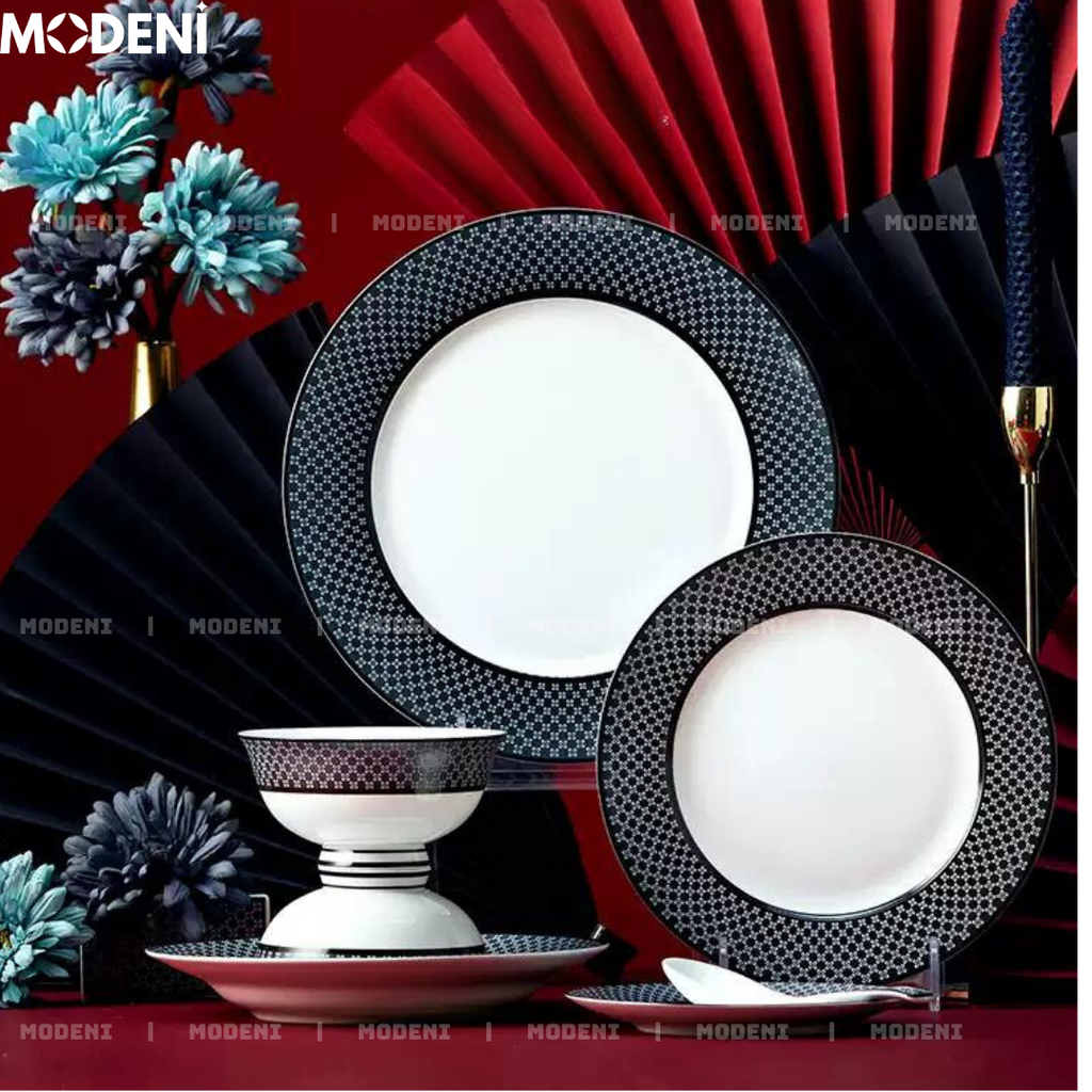 Bộ Chén Đĩa Sứ Xương Hailey Cao Cấp Viền Đen Họa Tiết Lưới Sang Trọng - Cho Bàn Ăn Hiện Đại & Tiếp Khách