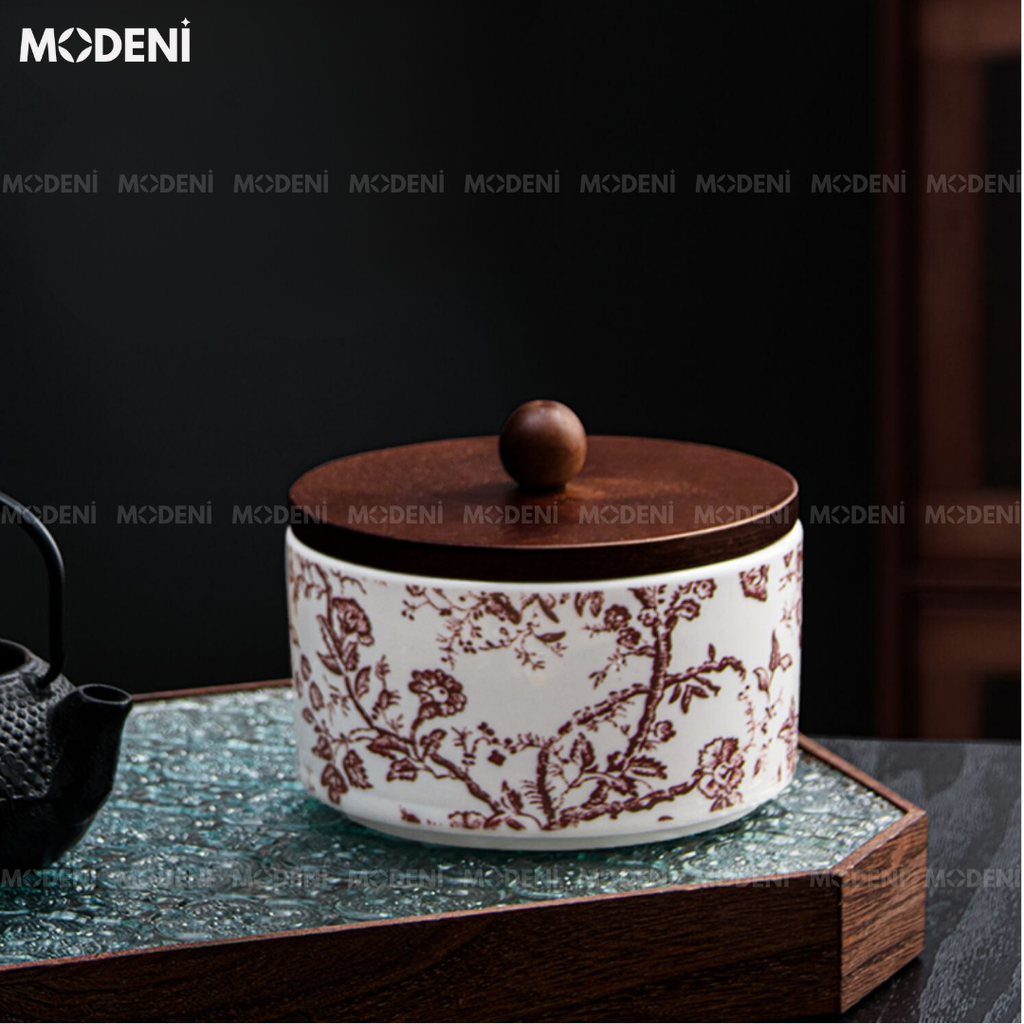 Lọ Đựng Palm Màu Đỏ – Hũ Sứ Nắp Gỗ Đựng Trà Bánh Kẹo – Hoa Văn Cổ Sang Trọng Vintage – Decor Tủ Kệ Đậm Gu