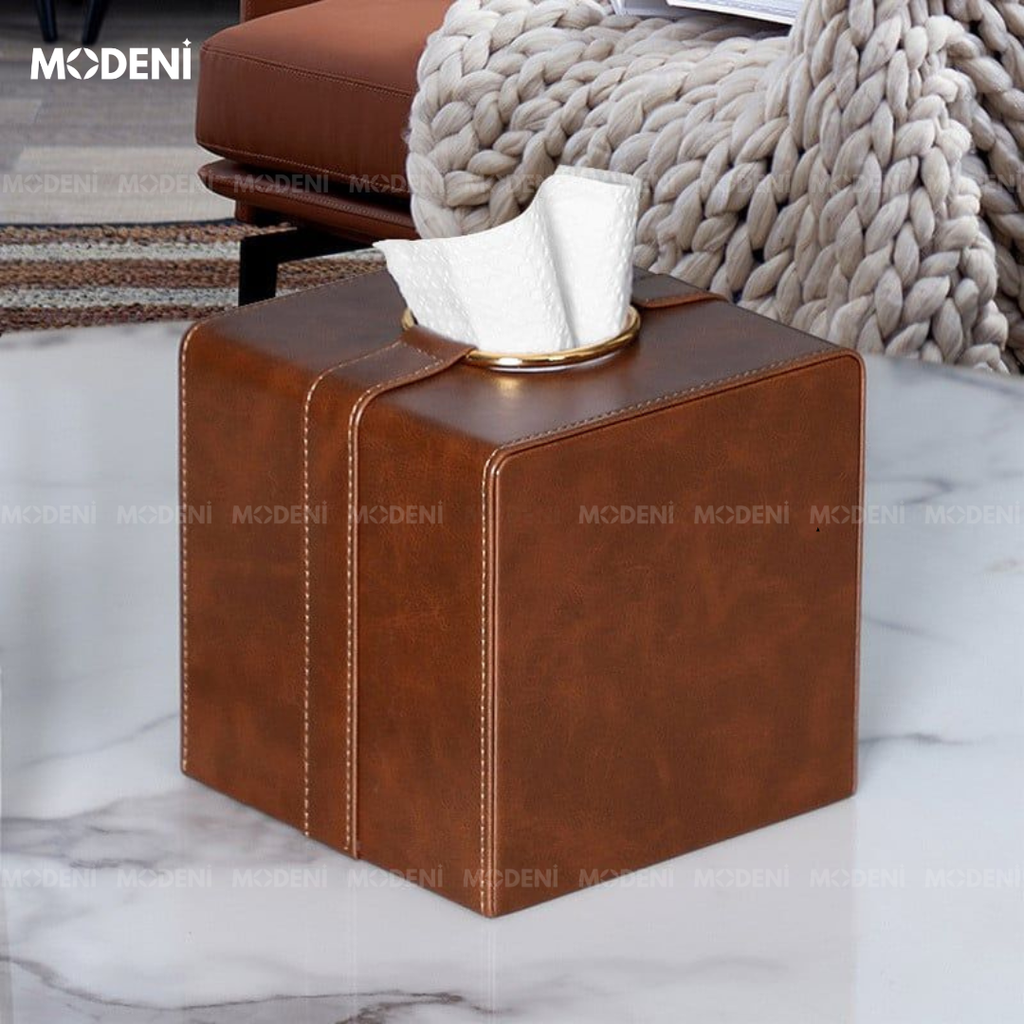 Hộp Khăn Giấy Carla Luxe Cao Cấp – Da Nâu Cổ Sang Trọng, Viền Ánh Vàng – Điểm Nhấn Bàn Trà Hiện Đại