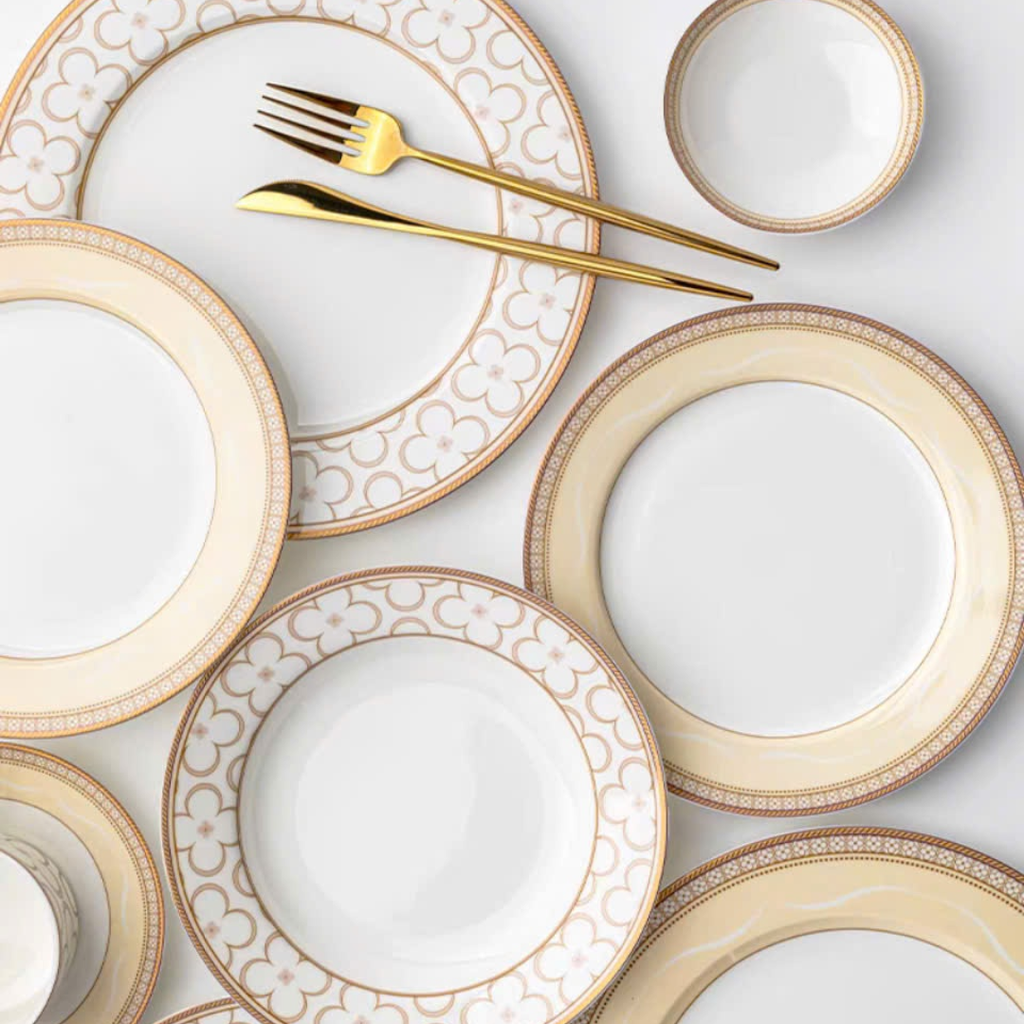Bộ Chén Bát Đĩa 50 Món Sứ Xương Trefoil Cao Cấp Viền Vàng Sang Trọng Kiểu Âu Thời Thượng Quà Tặng Tân Gia
