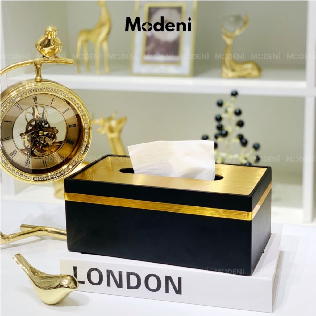 Hộp khăn giấy Misa đen cao cấp – Viền vàng tinh tế, điểm nhấn sang trọng cho không gian hiện đại.