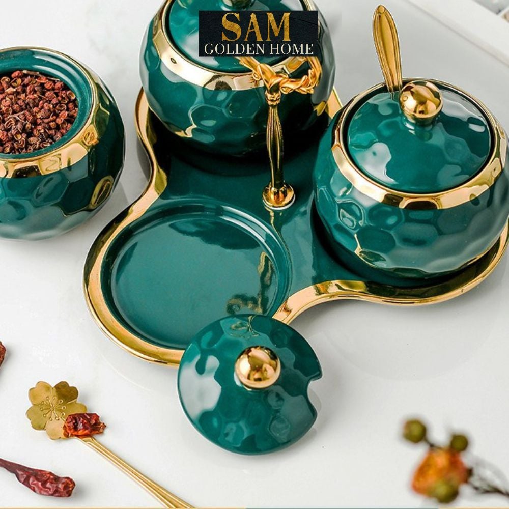 Hũ Đựng Gia Vị Cori Sứ Tráng Men Ceramics Viền Vàng Cao Cấp Kèm Khay Sứ và Thìa Phong Cách Hàn Quốc Sang Trọng