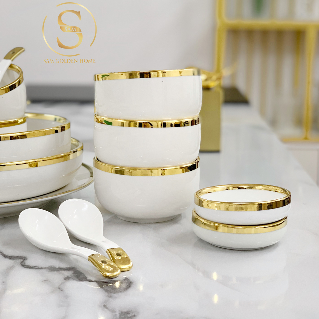 Bộ Tô Chén Đĩa Viền Vàng Nortylis Màu Trắng Gốm Sứ Cao Cấp Phong Cách Hiện Đại Châu Âu Quà Tặng Tân Gia