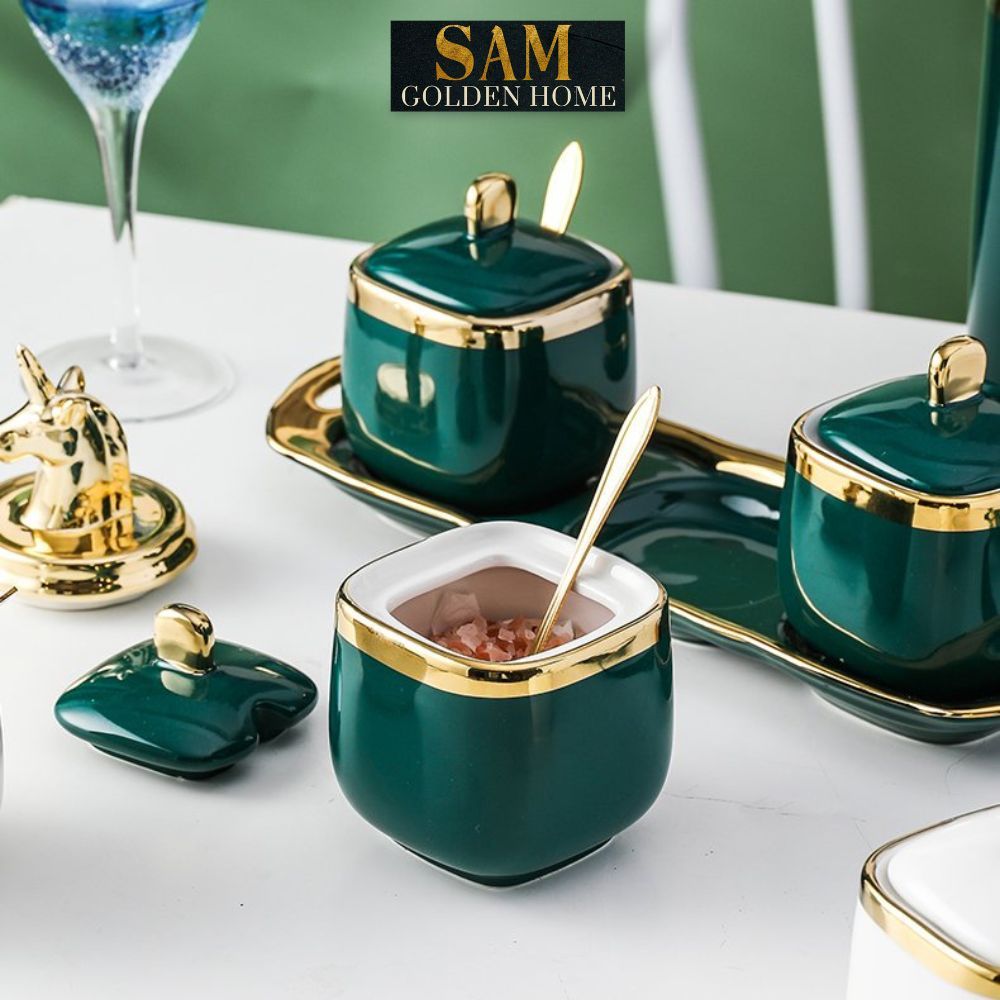 Hũ Đựng Gia Vị Gốm Sứ Tubi Cao Cấp Emerald Viền Vàng Gold Sang Trọng Phong Cách Hiện Đại