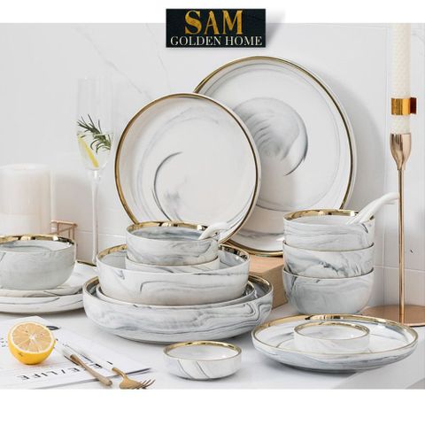  Bộ Tô Chén Hàn Quốc Trắng Volakas Vân Đá Gốm Sứ Dày Viền Vàng Gold Sang Trọng 