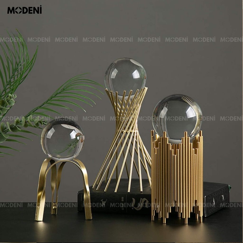 Tượng Cầu Pha Lê Grace Cane Vàng Gold Decor Bàn Phòng Khách, Kệ Tủ Sang Trọng Phong Cách Hiện Đại