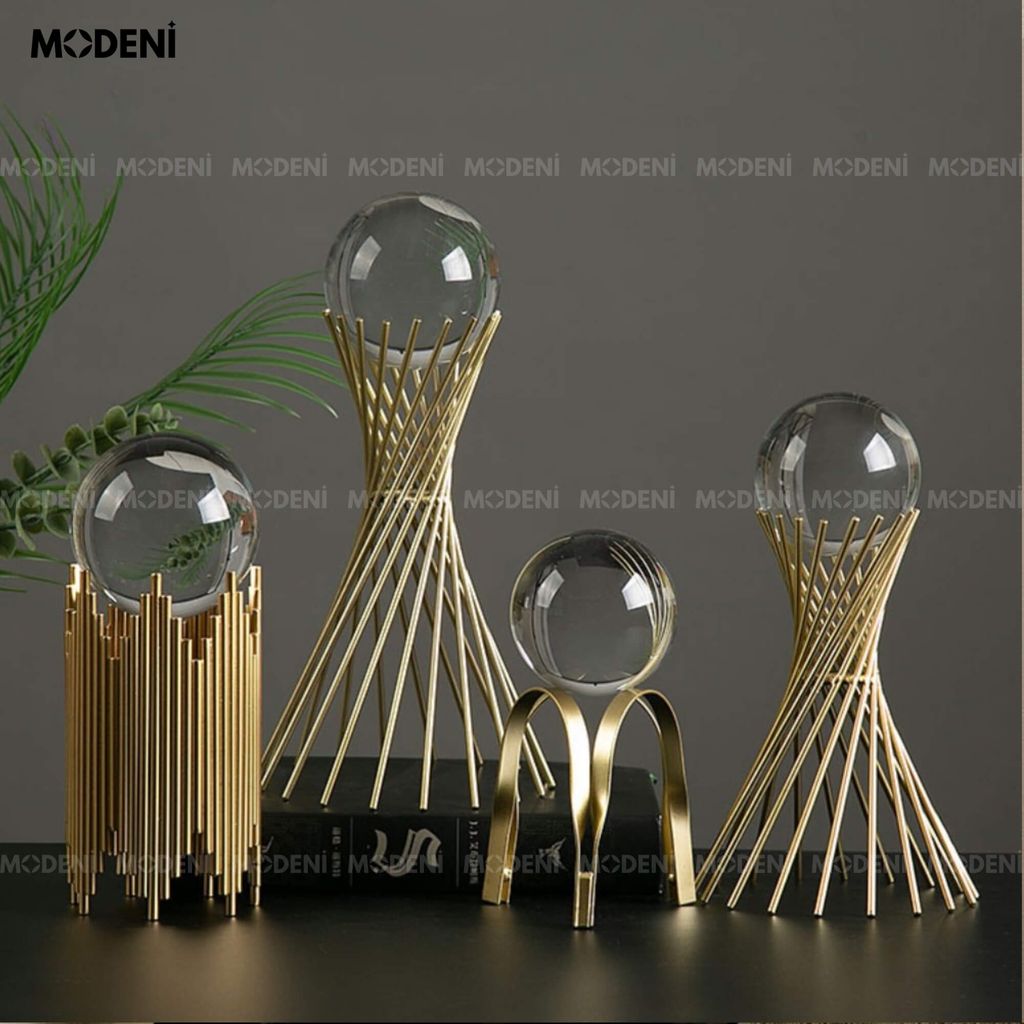 Tượng Cầu Pha Lê Grace Cane Vàng Gold Decor Bàn Phòng Khách, Kệ Tủ Sang Trọng Phong Cách Hiện Đại