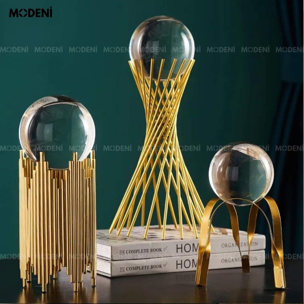 Tượng Cầu Pha Lê Grace Cane Vàng Gold Decor Bàn Phòng Khách, Kệ Tủ Sang Trọng Phong Cách Hiện Đại