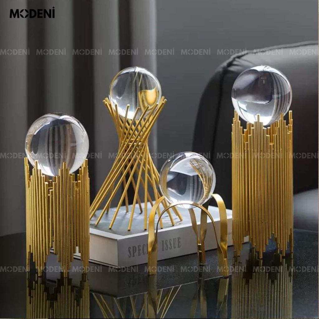 Tượng Cầu Pha Lê Grace Cane Vàng Gold Decor Bàn Phòng Khách, Kệ Tủ Sang Trọng Phong Cách Hiện Đại