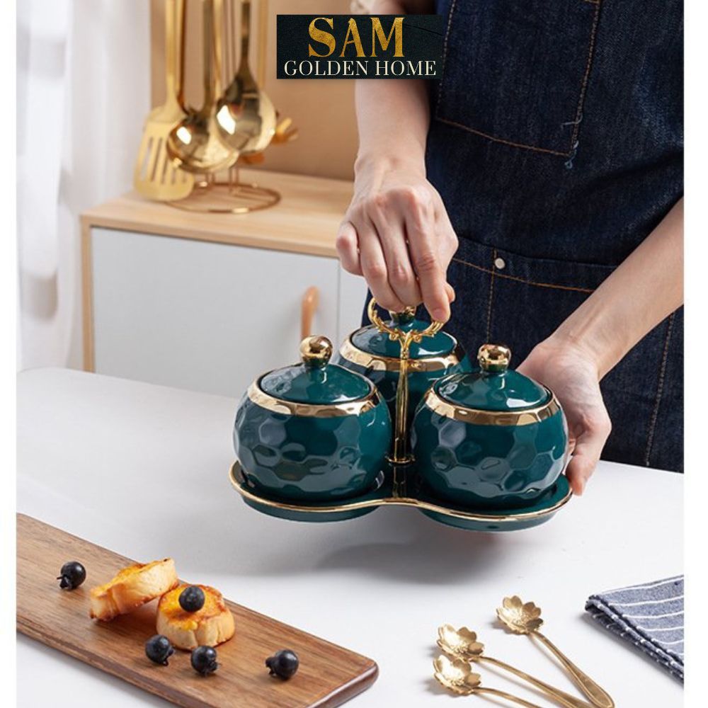 Hũ Đựng Gia Vị Cori Sứ Tráng Men Ceramics Viền Vàng Cao Cấp Kèm Khay Sứ và Thìa Phong Cách Hàn Quốc Sang Trọng