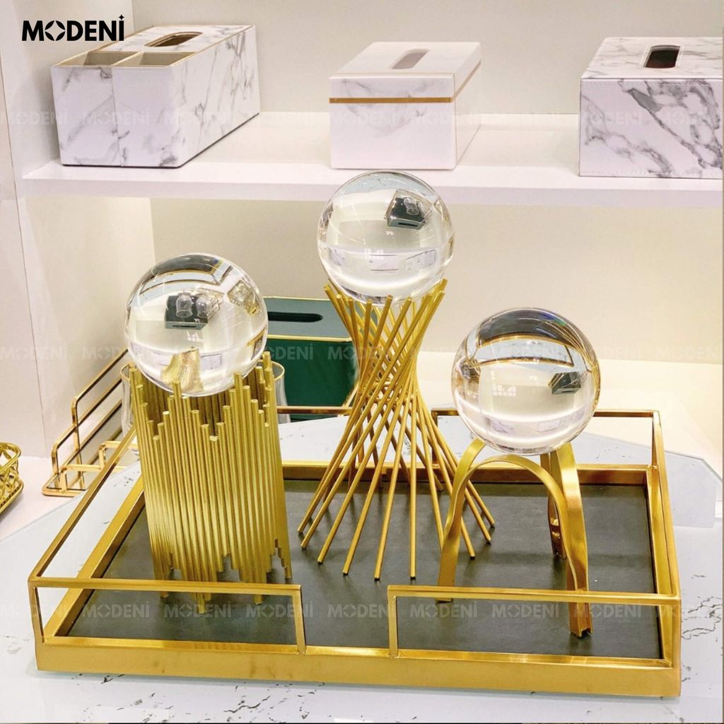 Tượng Cầu Pha Lê Grace Cane Vàng Gold Decor Bàn Phòng Khách, Kệ Tủ Sang Trọng Phong Cách Hiện Đại