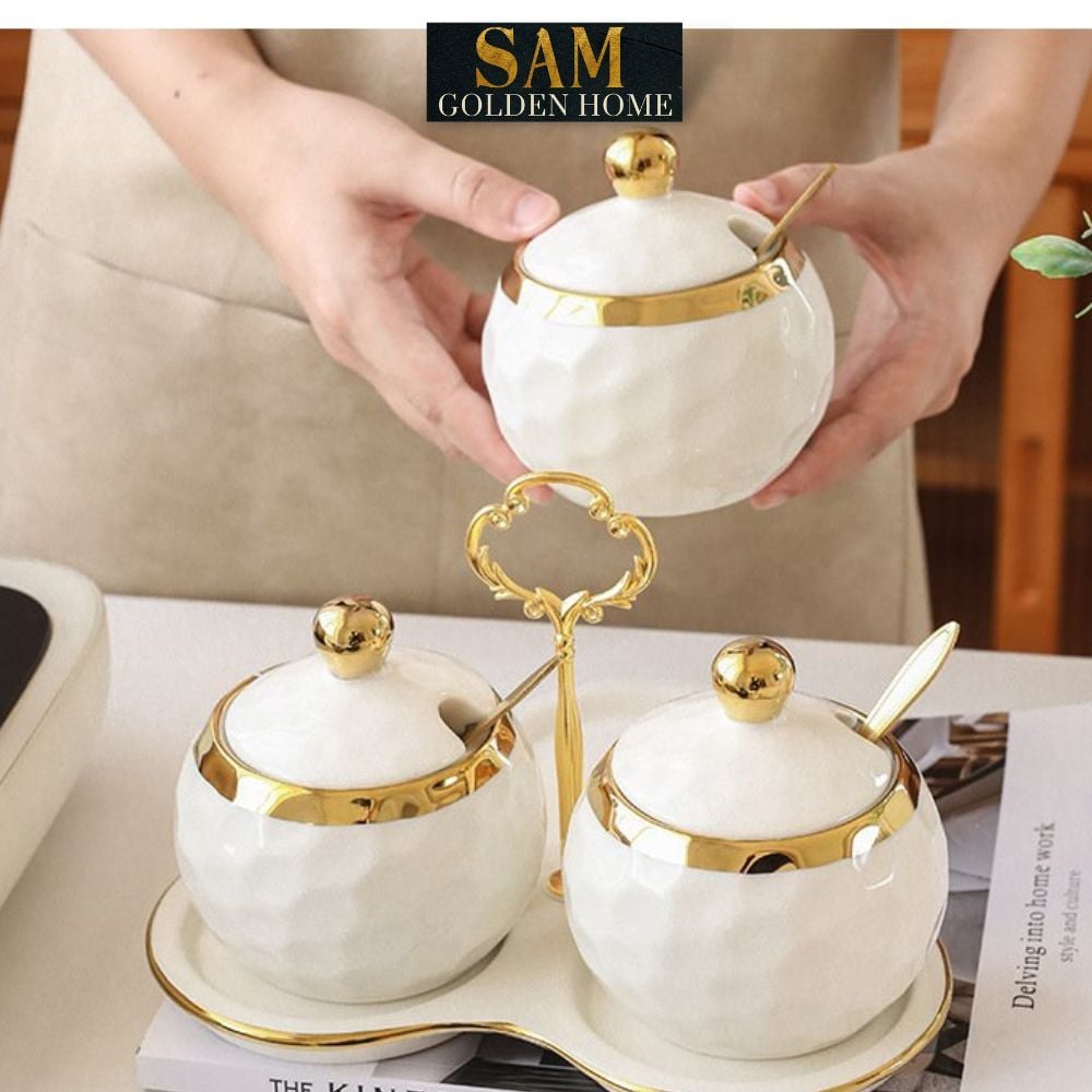 Hũ Đựng Gia Vị Cori Sứ Tráng Men Ceramics Viền Vàng Cao Cấp Kèm Khay Sứ và Thìa Phong Cách Hàn Quốc Sang Trọng