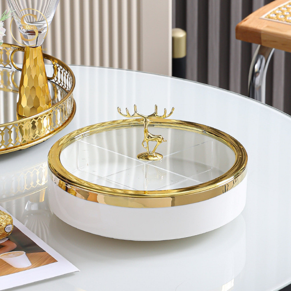 Khay Mứt Tết Velvet White Sứ Xương Cao Cấp – Nắp Con Nai Inox Gold Viền Vàng – Đựng Mứt, Bánh Kẹo, Hạt Khô Sang Trọng Decor Bàn Tiệc Tết Hiện Đại