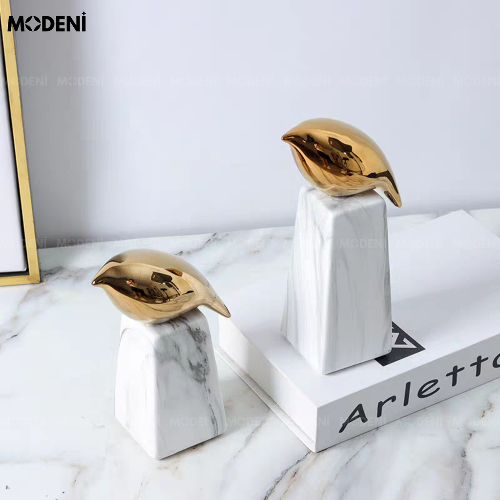 Tượng Aurora Chim Nghệ Thuật Cao Cấp – Ánh Kim Sang Trọng, Đế Đá Cẩm Thạch – Decor Bàn Console, Kệ Tủ, Không Gian Hiện Đại