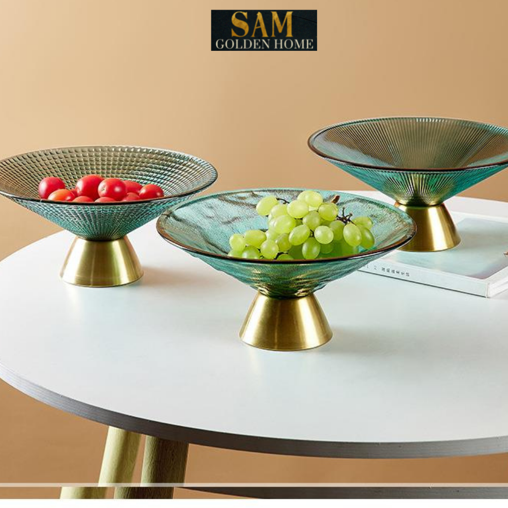 Tô Đĩa Đựng Trái Cây Wave Emerald Thủy Tinh Cường Lực Cao Cấp – Đế Inox Mạ Vàng Gold – Phong Cách Hàn Quốc Hiện Đại, Decor Bàn Sofa – Bàn Tiệc Sang Trọng