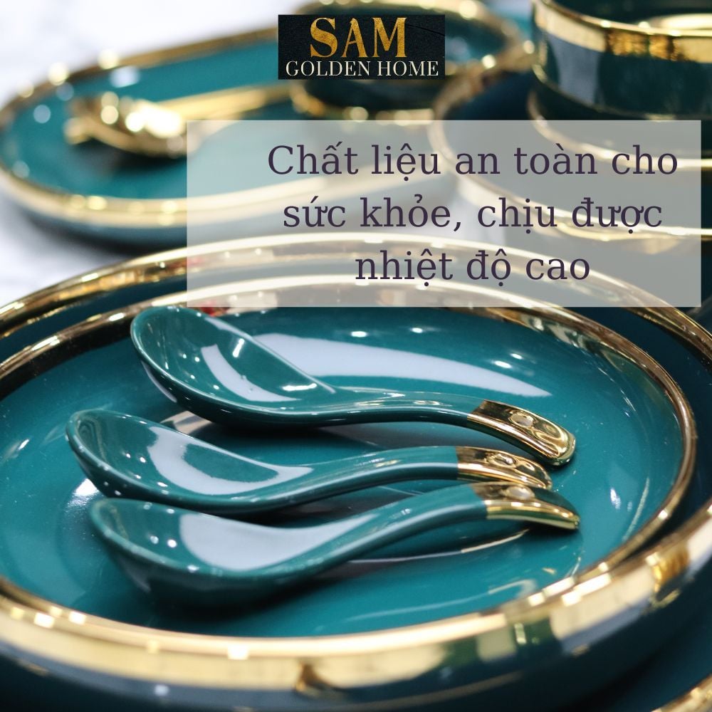 Tô Chén Dĩa Hàn Quốc Gốm Sứ Cao Cấp Emerald Xanh Lục Bảo Viền Gold Xanh Cổ Vịt Sang Trọng
