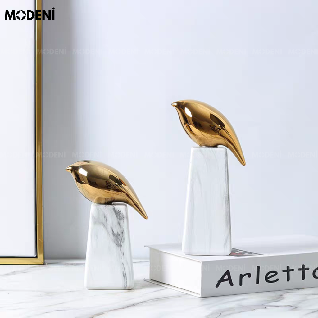 Tượng Aurora Chim Nghệ Thuật Cao Cấp – Ánh Kim Sang Trọng, Đế Đá Cẩm Thạch – Decor Bàn Console, Kệ Tủ, Không Gian Hiện Đại