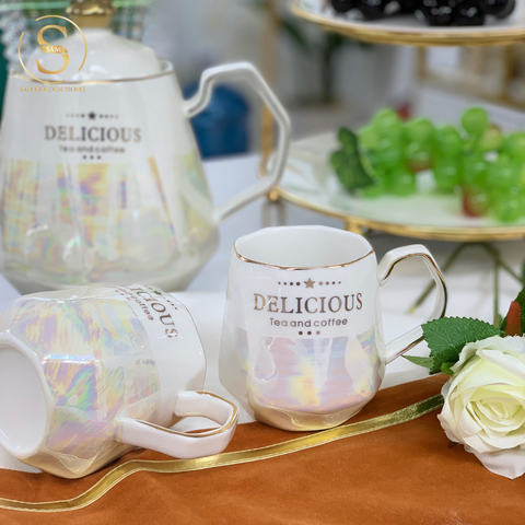  Bộ Ấm Trà Deli Gốm Sứ Tráng Men Cao Cấp viền Vàng Sang Trọng 