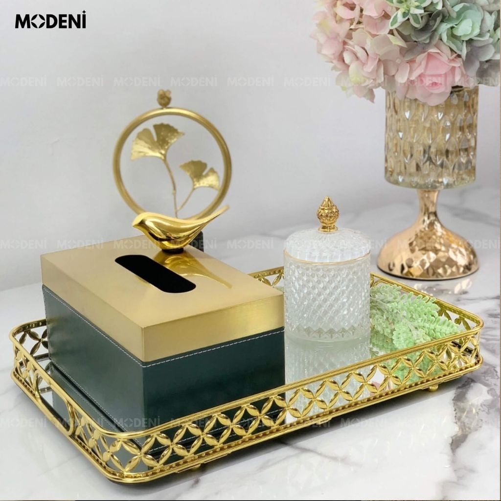 Khay Leona Mạ Vàng – Decor Chữ Nhật Sang Trọng – Mặt Gương Cao Cấp, Khung Inox Tinh Xảo, Phong Cách Châu Âu Hiện Đại