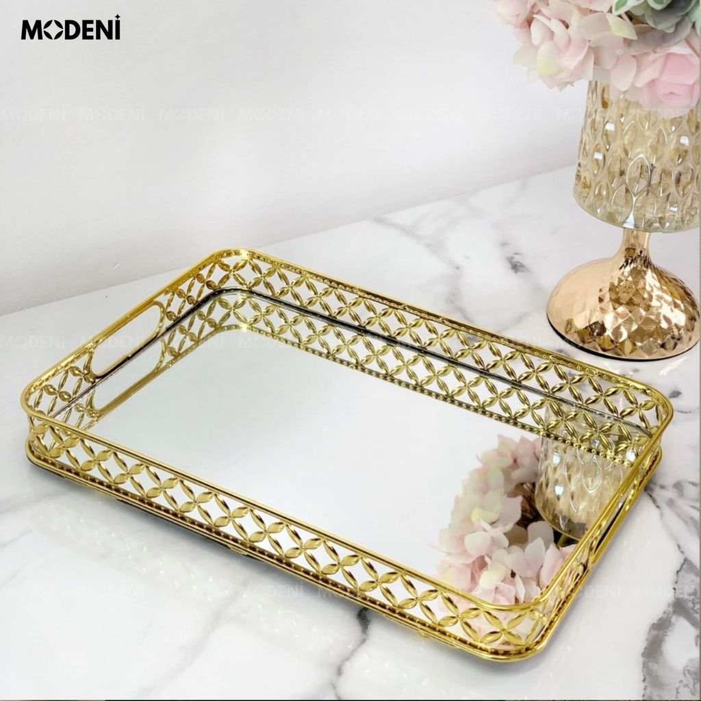 Khay Leona Mạ Vàng – Decor Chữ Nhật Sang Trọng – Mặt Gương Cao Cấp, Khung Inox Tinh Xảo, Phong Cách Châu Âu Hiện Đại
