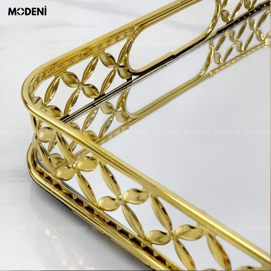 Khay Leona Mạ Vàng – Decor Chữ Nhật Sang Trọng – Mặt Gương Cao Cấp, Khung Inox Tinh Xảo, Phong Cách Châu Âu Hiện Đại