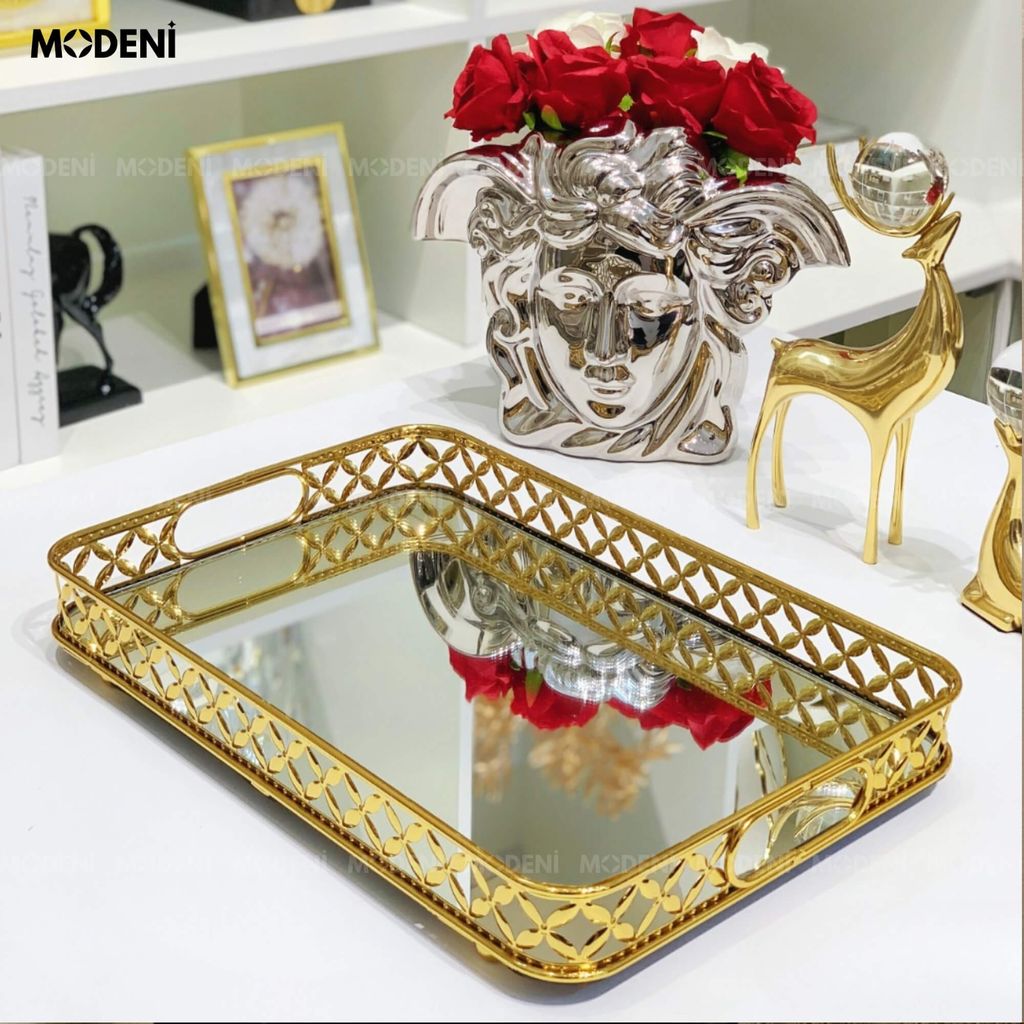 Khay Leona Mạ Vàng – Decor Chữ Nhật Sang Trọng – Mặt Gương Cao Cấp, Khung Inox Tinh Xảo, Phong Cách Châu Âu Hiện Đại