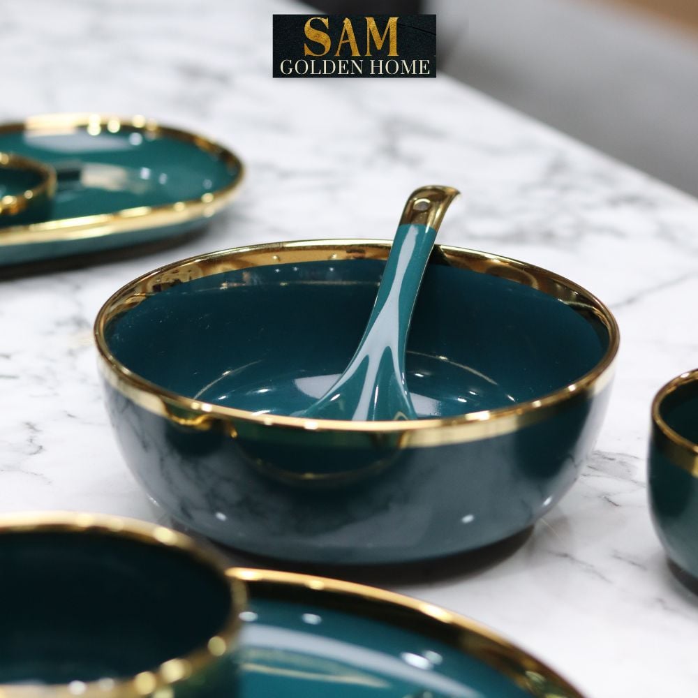 Tô Chén Dĩa Hàn Quốc Gốm Sứ Cao Cấp Emerald Xanh Lục Bảo Viền Gold Xanh Cổ Vịt Sang Trọng