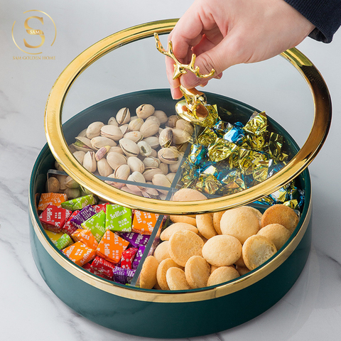  Khay Mứt Tết Velvet White Sứ Xương Cao Cấp – Nắp Con Nai Inox Gold Viền Vàng – Đựng Mứt, Bánh Kẹo, Hạt Khô Sang Trọng Decor Bàn Tiệc Tết Hiện Đại 