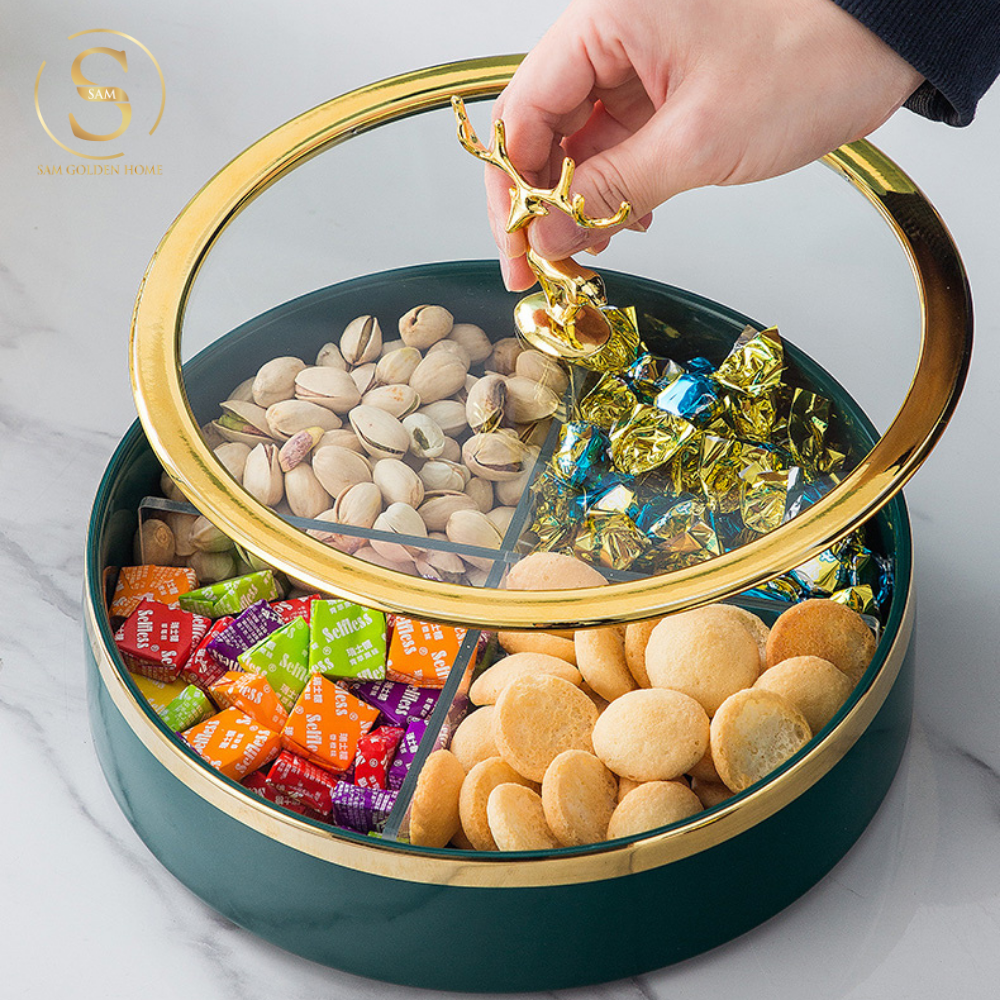 Khay Mứt Tết Velvet Emerald Sứ Xương Cao Cấp – Viền Vàng Nắp Kính Con Nai Gold – Đựng Mứt, Bánh Kẹo, Hạt Khô Sang Trọng Decor Bàn Tiệc Tết Hiện Đại