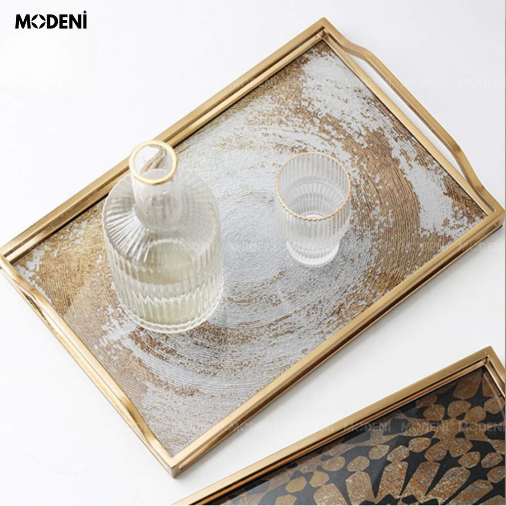 Khay Leopard Viền Vàng Cao Cấp – Khay Trang Trí Chữ Nhật Sang Trọng – Chất Liệu Thủy Tinh & Inox – Dành Cho Bàn Console, Bàn Sofa