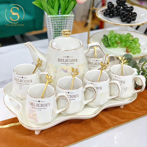  Bộ Ấm Trà Deli Gốm Sứ Tráng Men Cao Cấp viền Vàng Sang Trọng 