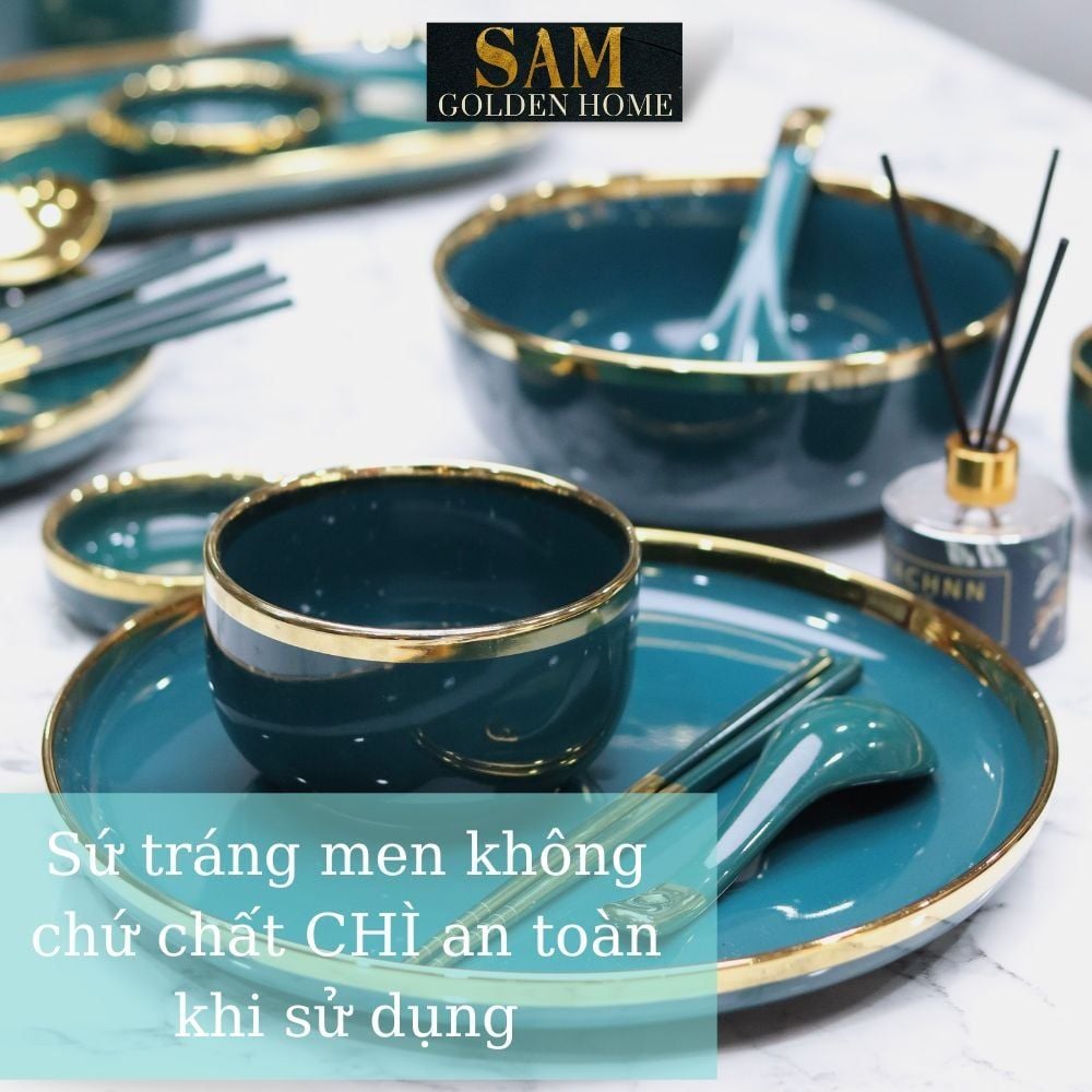 Tô Chén Dĩa Hàn Quốc Gốm Sứ Cao Cấp Emerald Xanh Lục Bảo Viền Gold Xanh Cổ Vịt Sang Trọng
