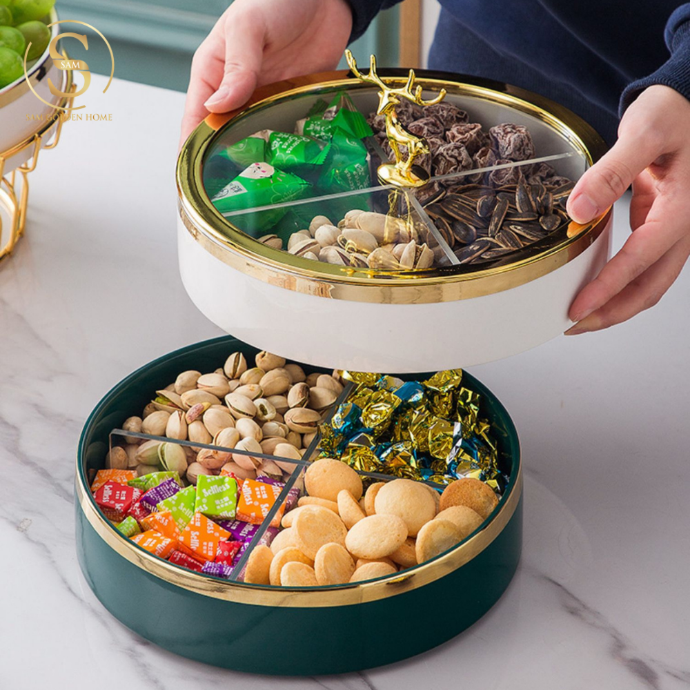 Khay Mứt Tết Velvet Emerald Sứ Xương Cao Cấp – Viền Vàng Nắp Kính Con Nai Gold – Đựng Mứt, Bánh Kẹo, Hạt Khô Sang Trọng Decor Bàn Tiệc Tết Hiện Đại