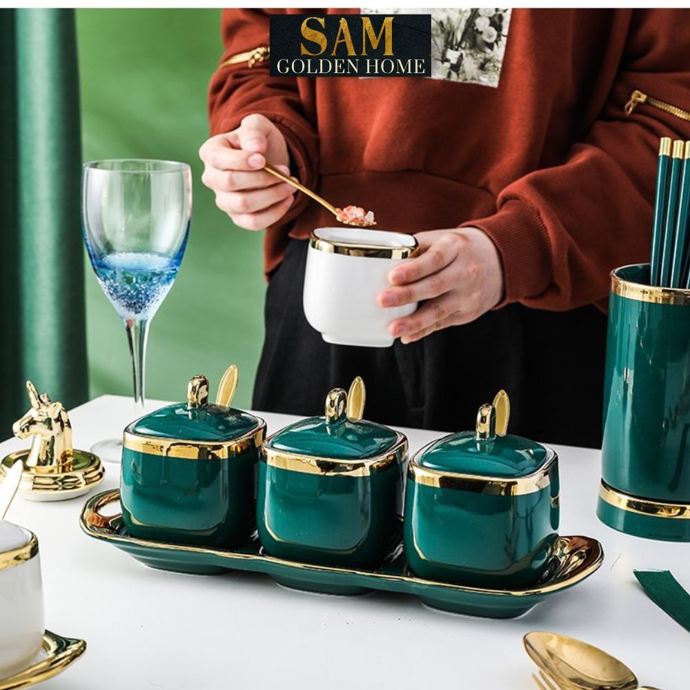 Hũ Đựng Gia Vị Gốm Sứ Tubi Cao Cấp Emerald Viền Vàng Gold Sang Trọng Phong Cách Hiện Đại