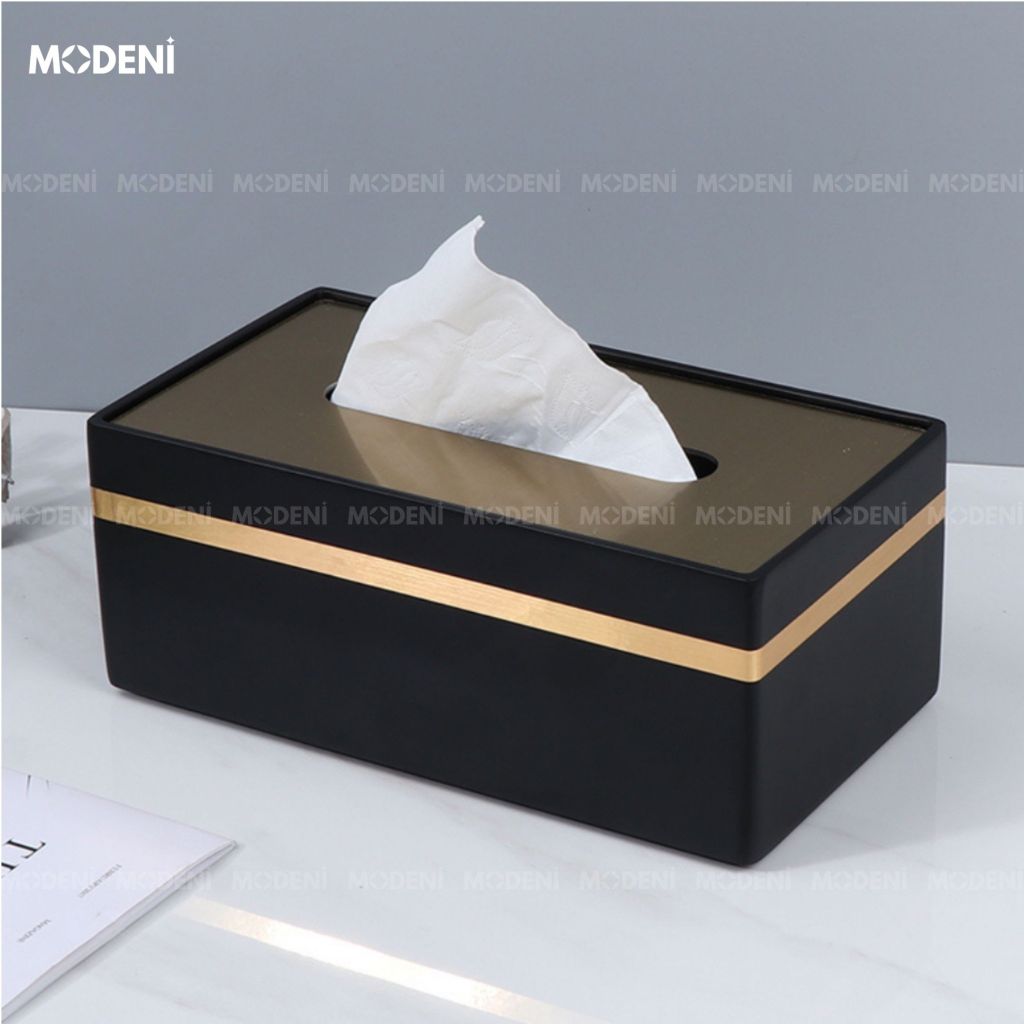 Hộp khăn giấy Misa đen cao cấp – Viền vàng tinh tế, điểm nhấn sang trọng cho không gian hiện đại.