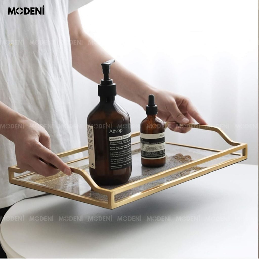 Khay Leopard Viền Vàng Cao Cấp – Khay Trang Trí Chữ Nhật Sang Trọng – Chất Liệu Thủy Tinh & Inox – Dành Cho Bàn Console, Bàn Sofa