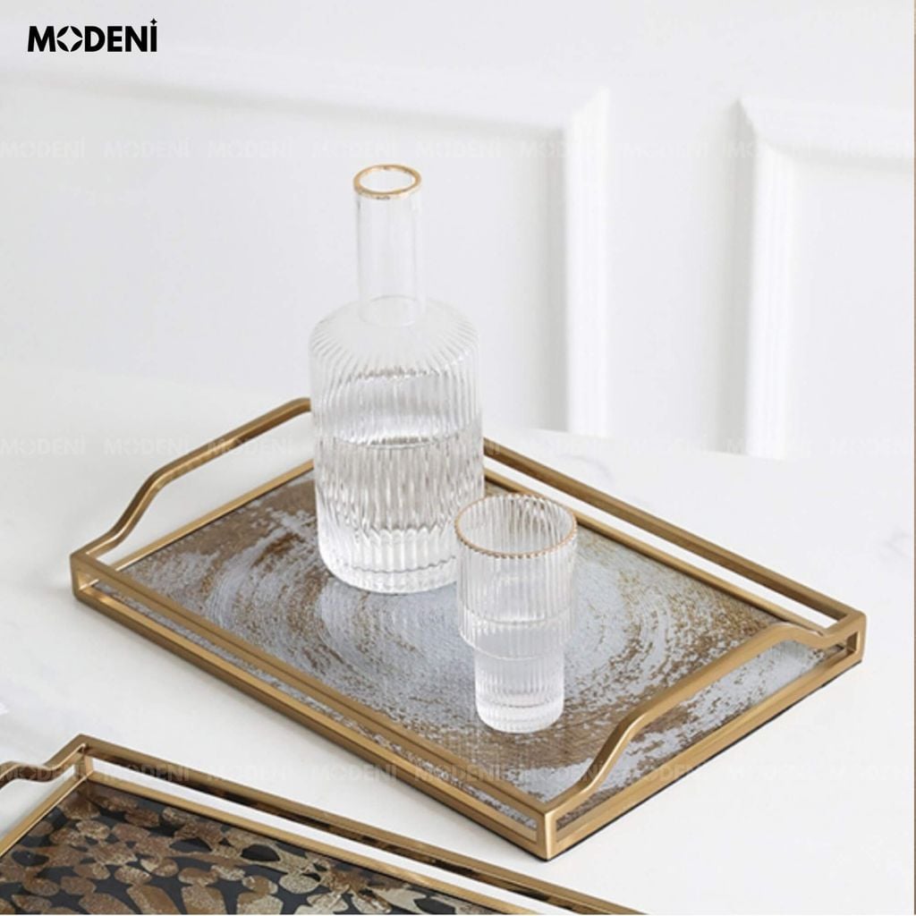 Khay Leopard Viền Vàng Cao Cấp – Khay Trang Trí Chữ Nhật Sang Trọng – Chất Liệu Thủy Tinh & Inox – Dành Cho Bàn Console, Bàn Sofa