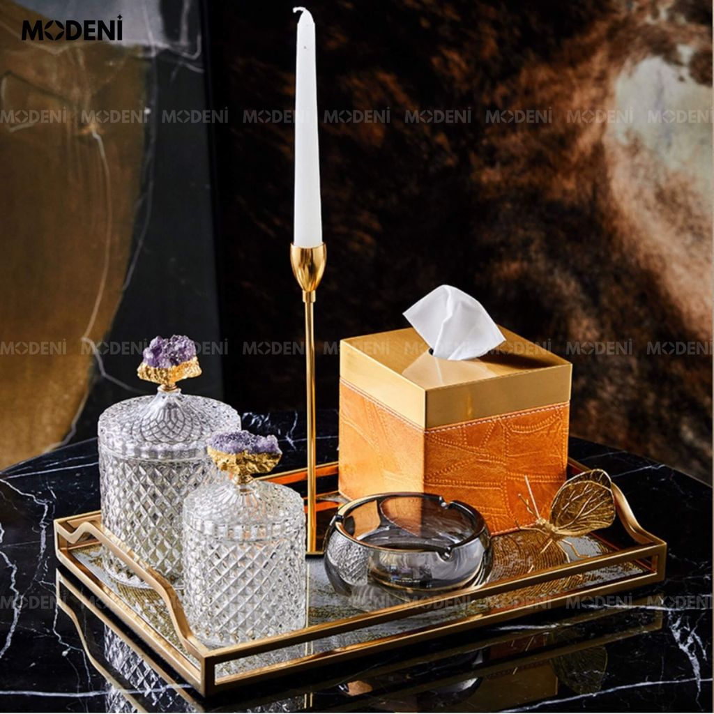 Khay Leopard Viền Vàng Cao Cấp – Khay Trang Trí Chữ Nhật Sang Trọng – Chất Liệu Thủy Tinh & Inox – Dành Cho Bàn Console, Bàn Sofa