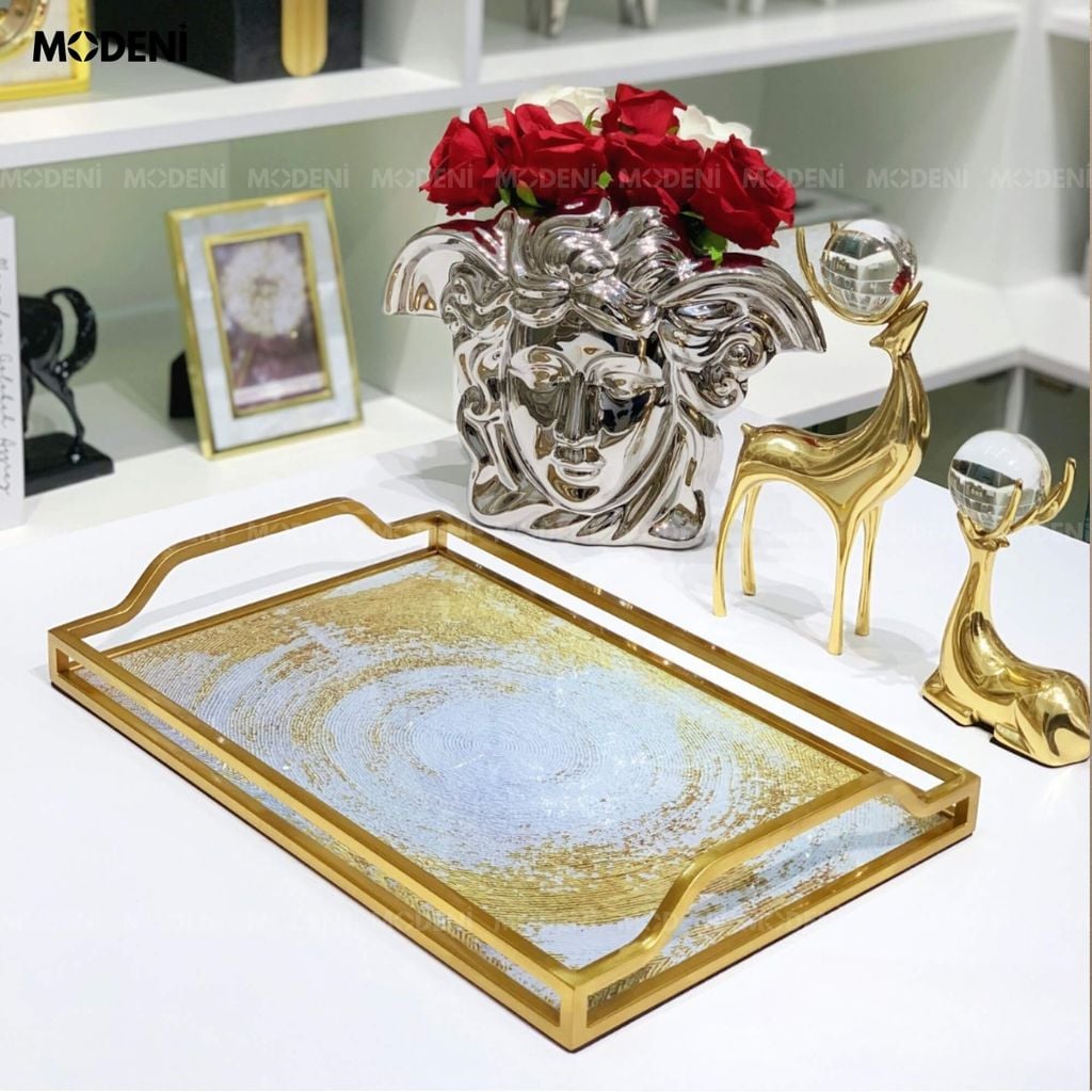 Khay Leopard Viền Vàng Cao Cấp – Khay Trang Trí Chữ Nhật Sang Trọng – Chất Liệu Thủy Tinh & Inox – Dành Cho Bàn Console, Bàn Sofa
