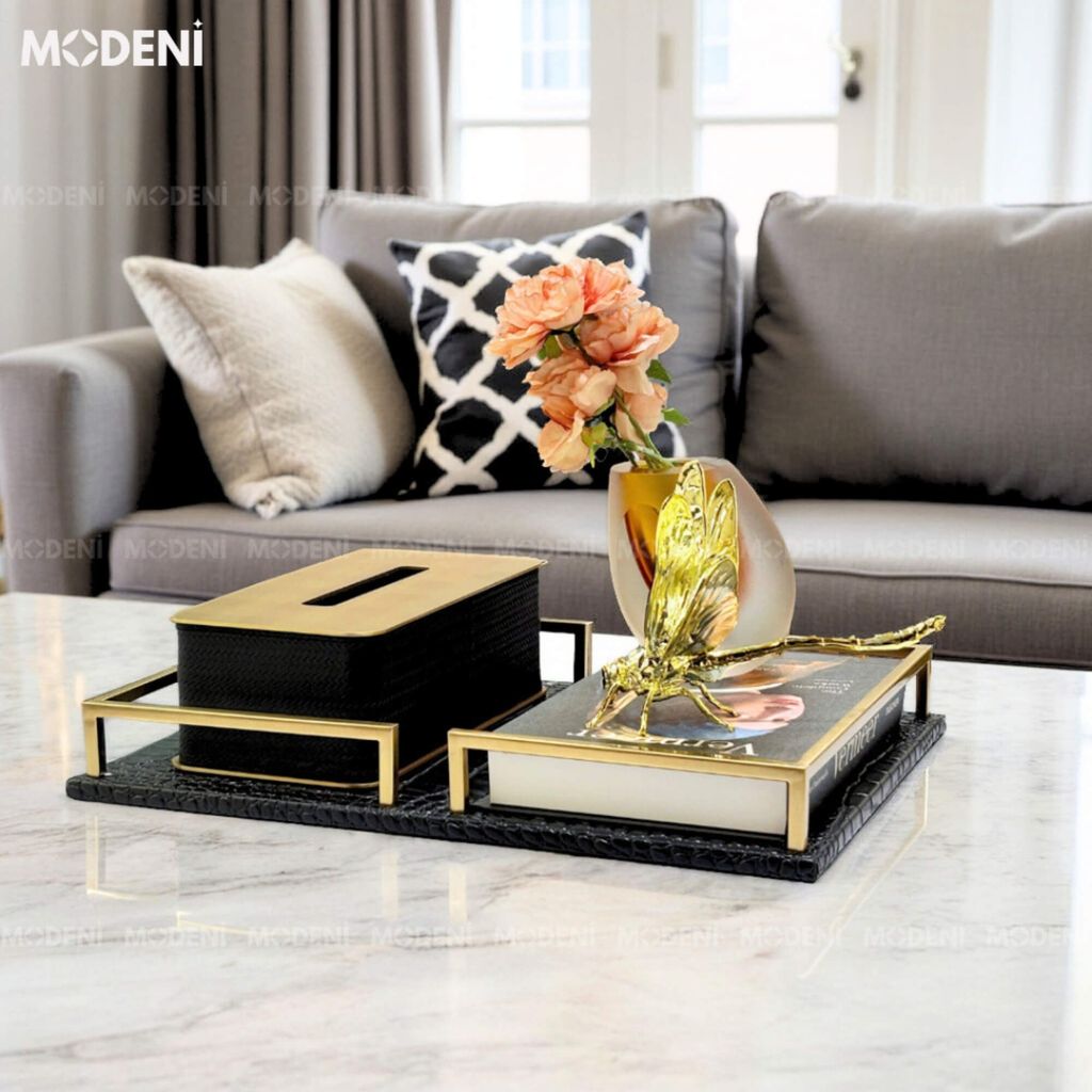 Khay Joyce Da Đen – Decor Cao Cấp Hiện Đại – Chống Trượt, Khung Kim Loại – Trang Trí Bàn Sofa, Phòng Khách