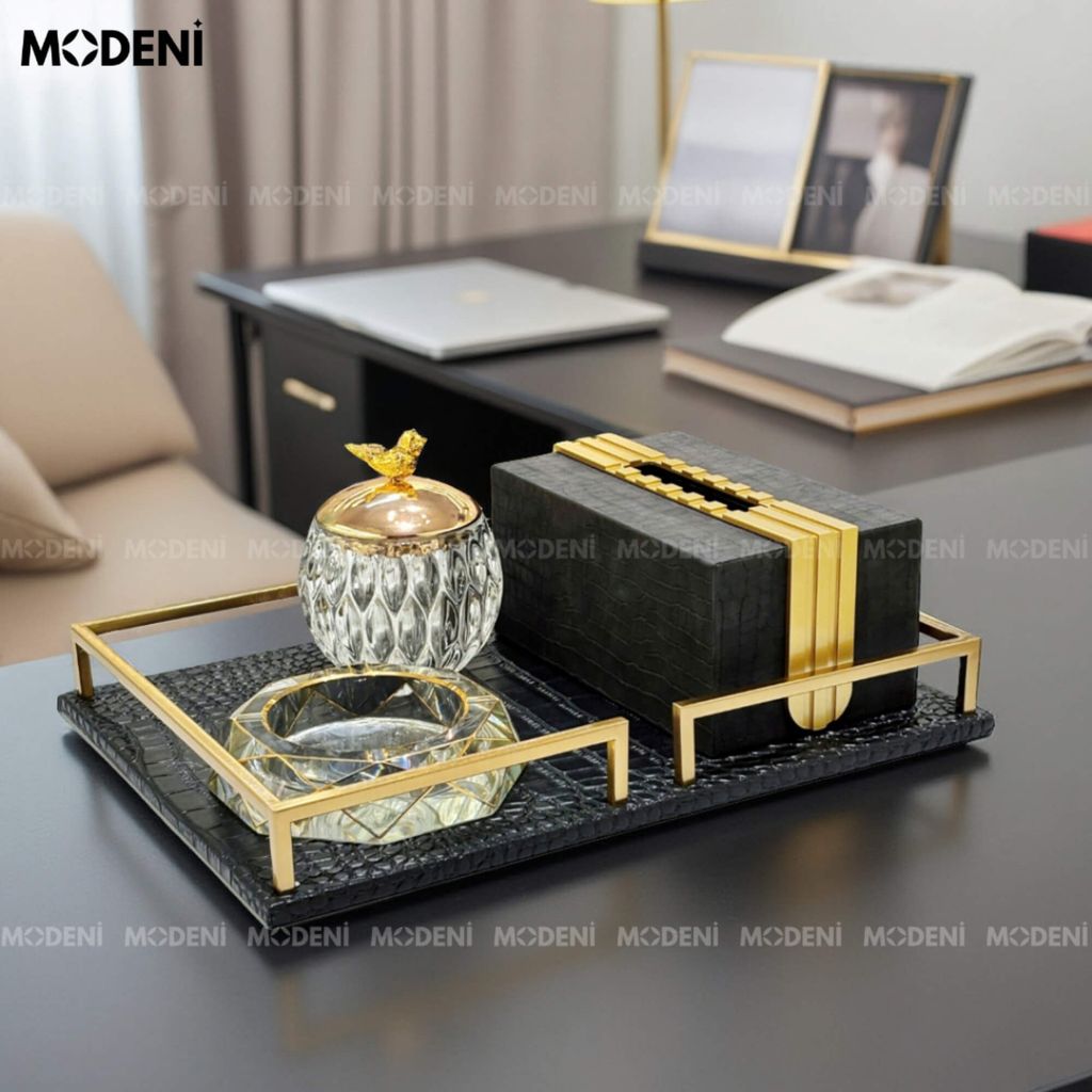Khay Joyce Da Đen – Decor Cao Cấp Hiện Đại – Chống Trượt, Khung Kim Loại – Trang Trí Bàn Sofa, Phòng Khách