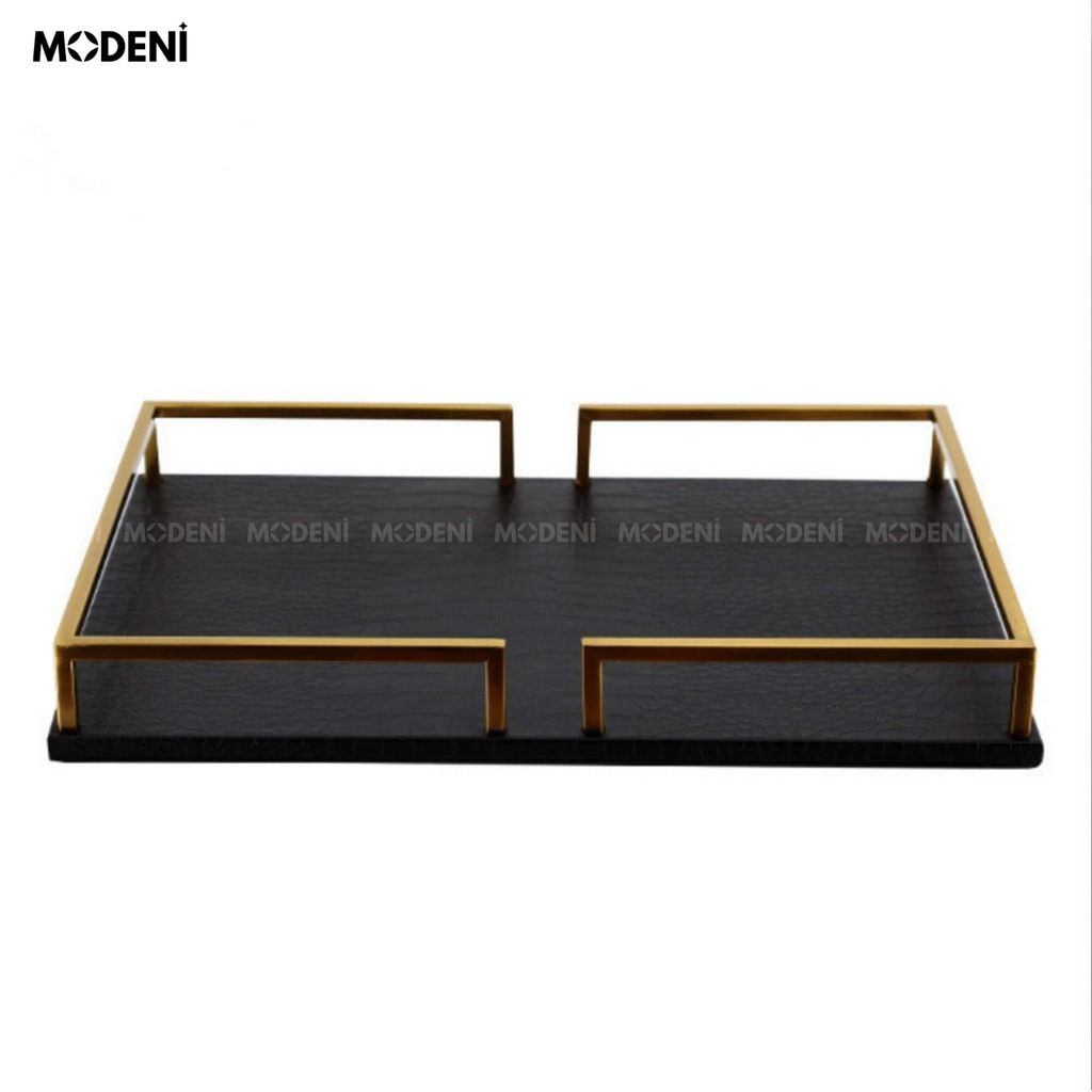 Khay Joyce Da Đen – Decor Cao Cấp Hiện Đại – Chống Trượt, Khung Kim Loại – Trang Trí Bàn Sofa, Phòng Khách