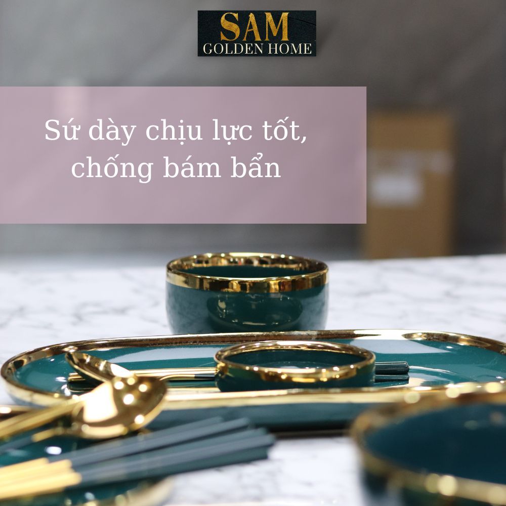 Tô Chén Dĩa Hàn Quốc Gốm Sứ Cao Cấp Emerald Xanh Lục Bảo Viền Gold Xanh Cổ Vịt Sang Trọng