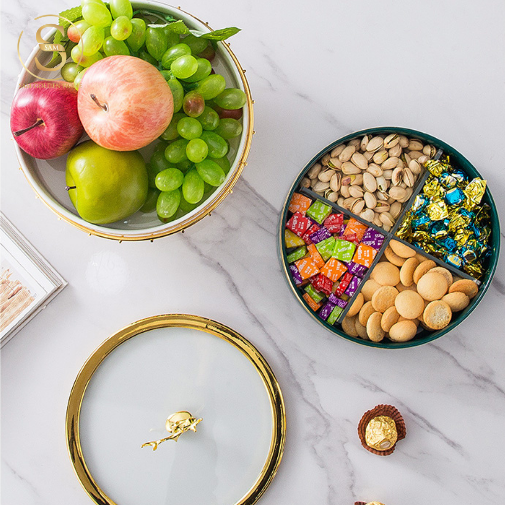 Khay Mứt Tết Velvet Emerald Sứ Xương Cao Cấp – Viền Vàng Nắp Kính Con Nai Gold – Đựng Mứt, Bánh Kẹo, Hạt Khô Sang Trọng Decor Bàn Tiệc Tết Hiện Đại